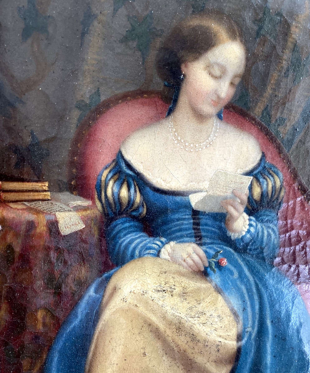Délicate huile sur toile du XIXème siècle femme lisant dans son salon assise sur sa méridienne.-photo-4
