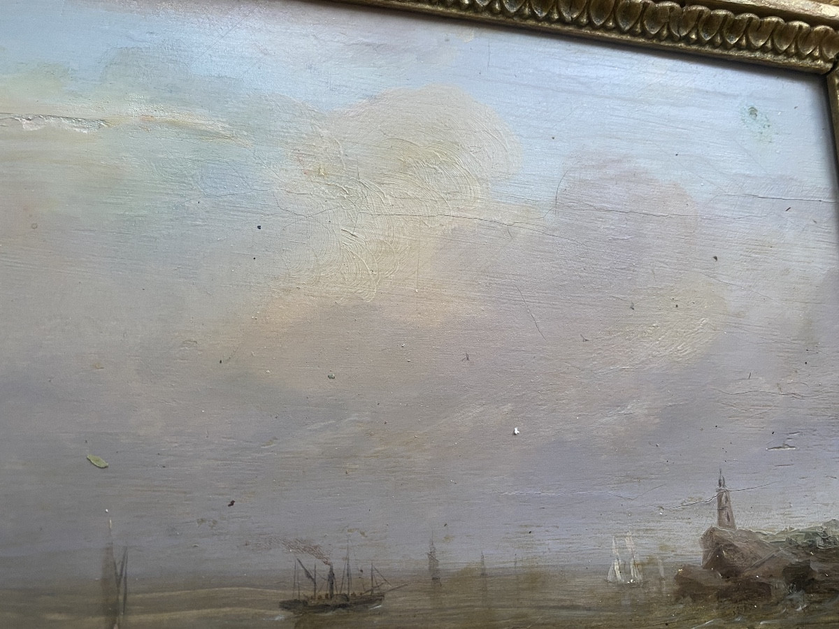 Fine Marine Of Boats And Lively Barge On A Rough Sea In A Harbor With A 19th Century Lighthouse.-photo-1