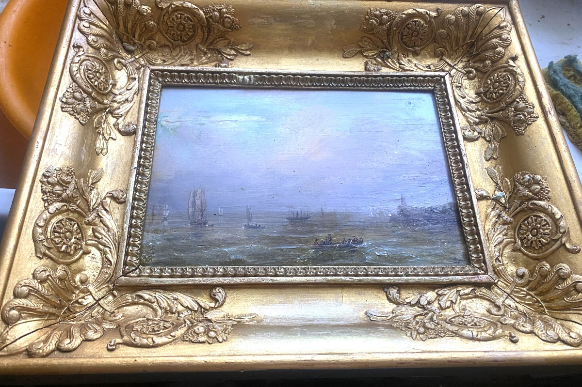 Fine Marine Of Boats And Lively Barge On A Rough Sea In A Harbor With A 19th Century Lighthouse.-photo-3