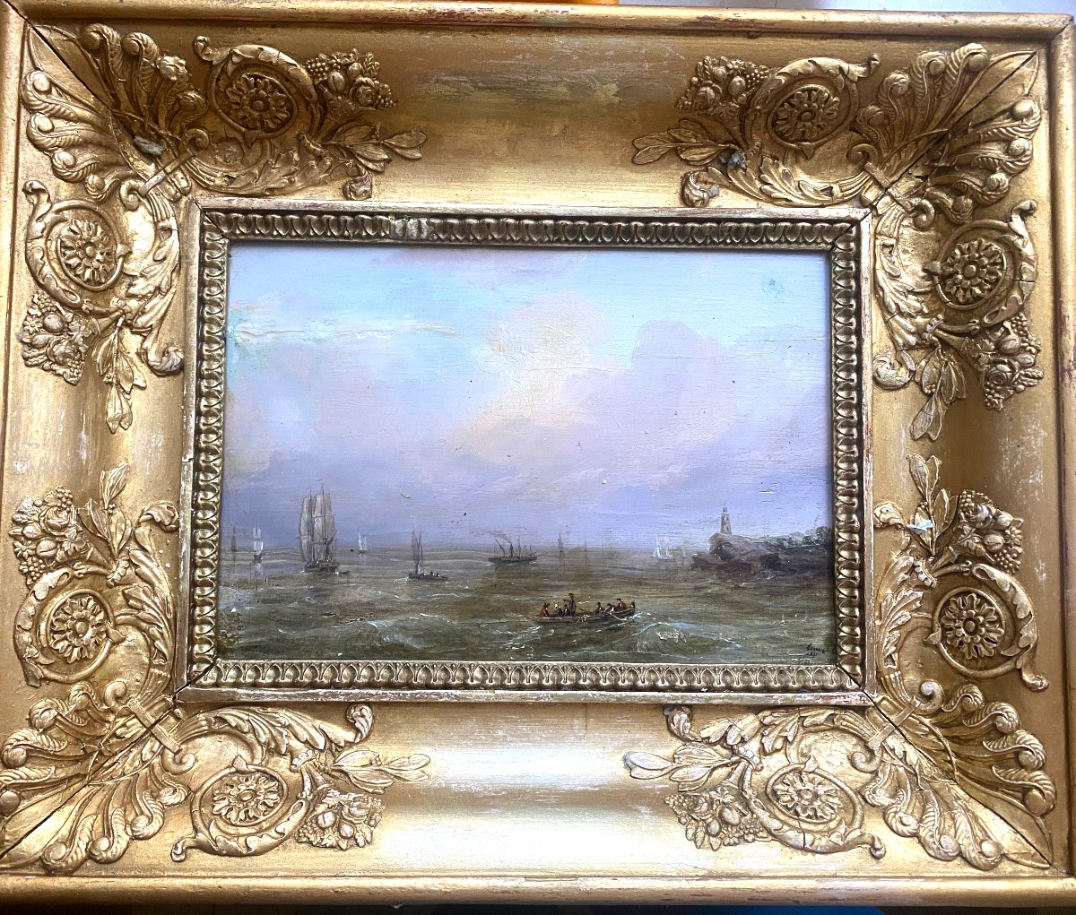 Fine Marine Of Boats And Lively Barge On A Rough Sea In A Harbor With A 19th Century Lighthouse.