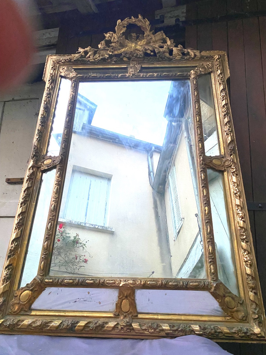 Important Beautiful Fireplace Mirror With Beveled Glazing Beads, Neo-louis XVI Style, Gilded Stuccoed Wood-photo-2