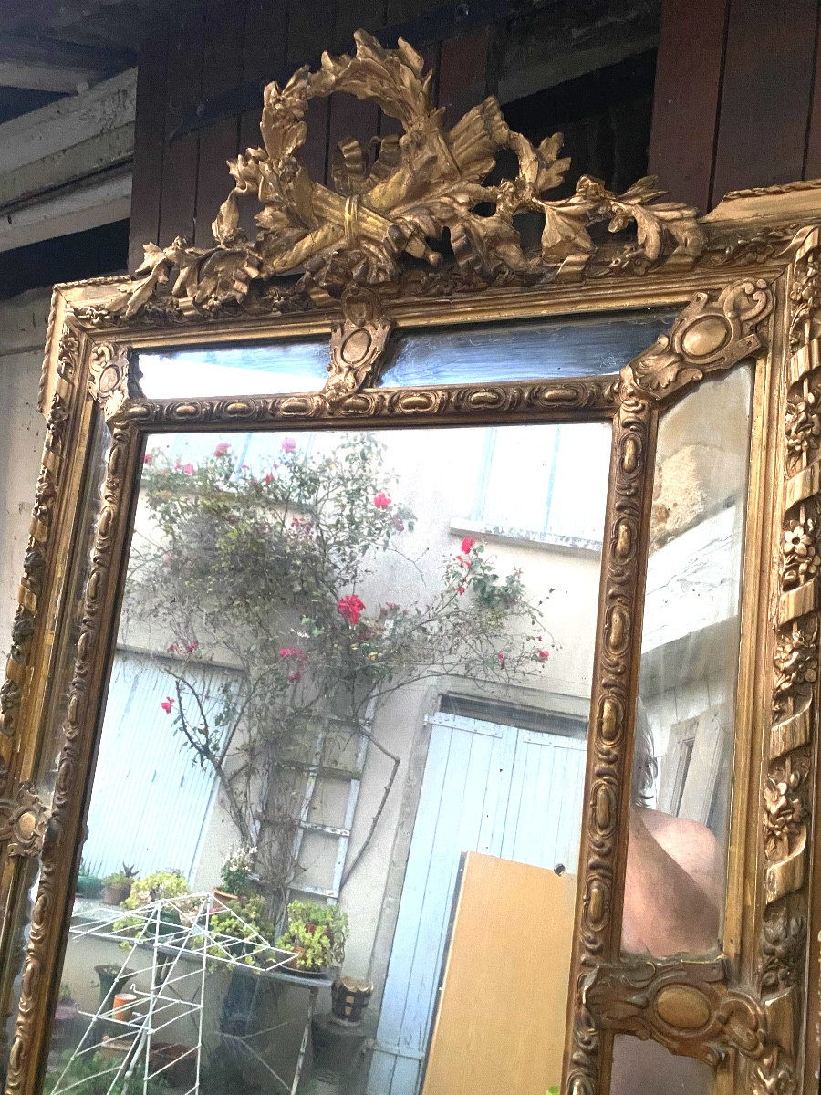 Important Beautiful Fireplace Mirror With Beveled Glazing Beads, Neo-louis XVI Style, Gilded Stuccoed Wood-photo-1