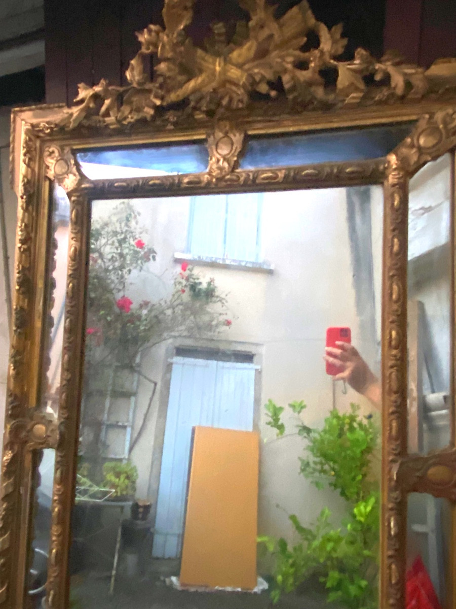 Important Beautiful Fireplace Mirror With Beveled Glazing Beads, Neo-louis XVI Style, Gilded Stuccoed Wood-photo-2
