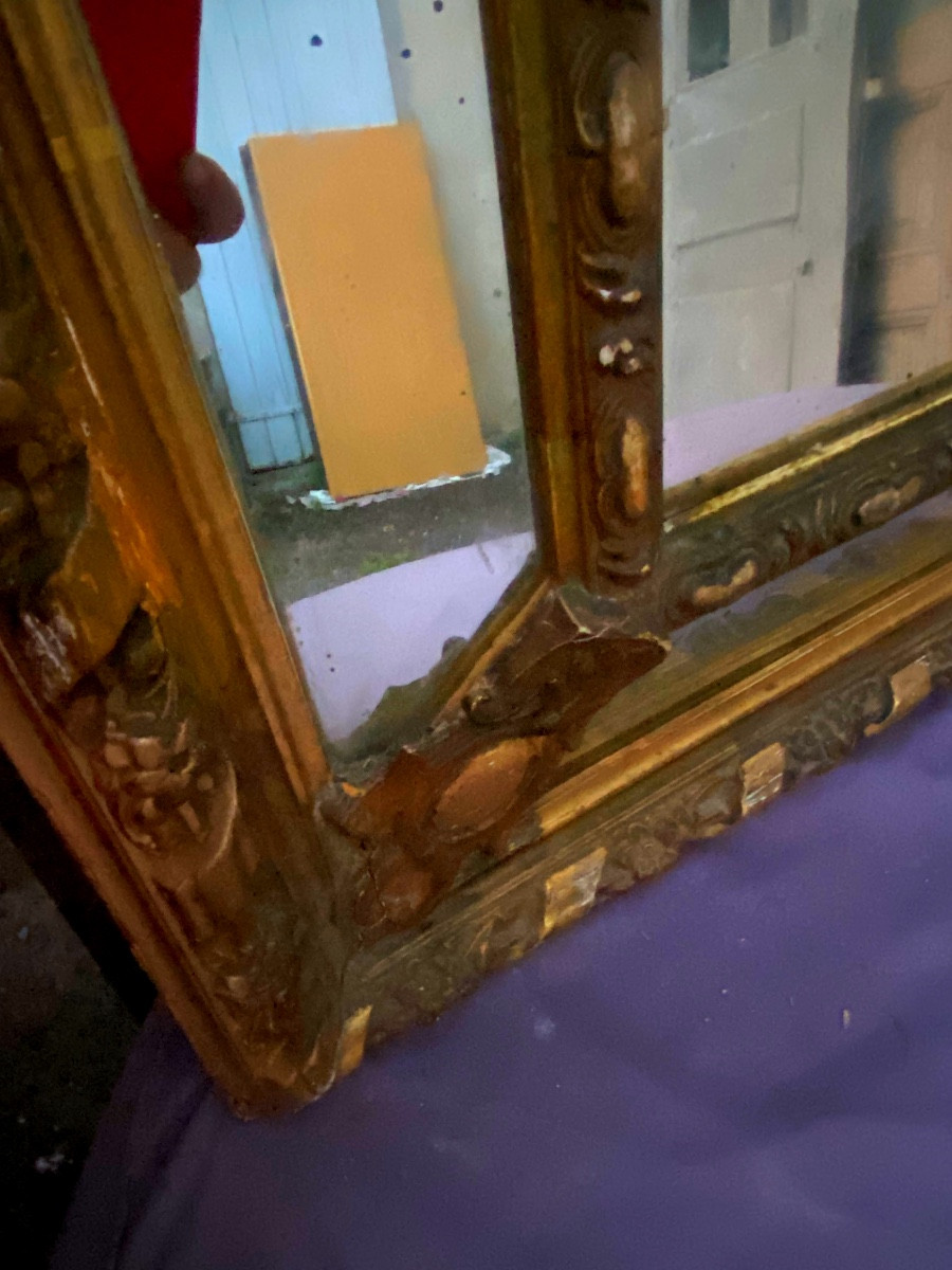Important Beautiful Fireplace Mirror With Beveled Glazing Beads, Neo-louis XVI Style, Gilded Stuccoed Wood-photo-3