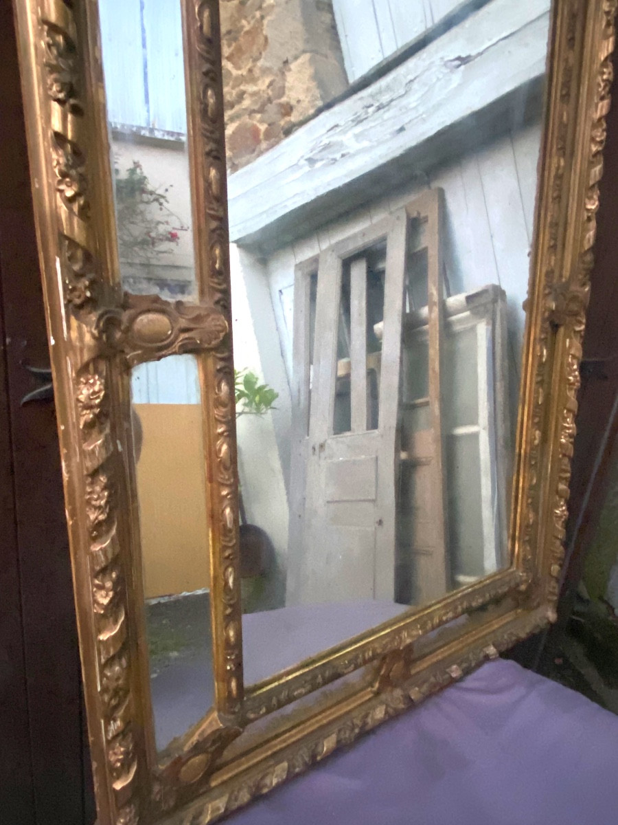 Important Beautiful Fireplace Mirror With Beveled Glazing Beads, Neo-louis XVI Style, Gilded Stuccoed Wood-photo-4