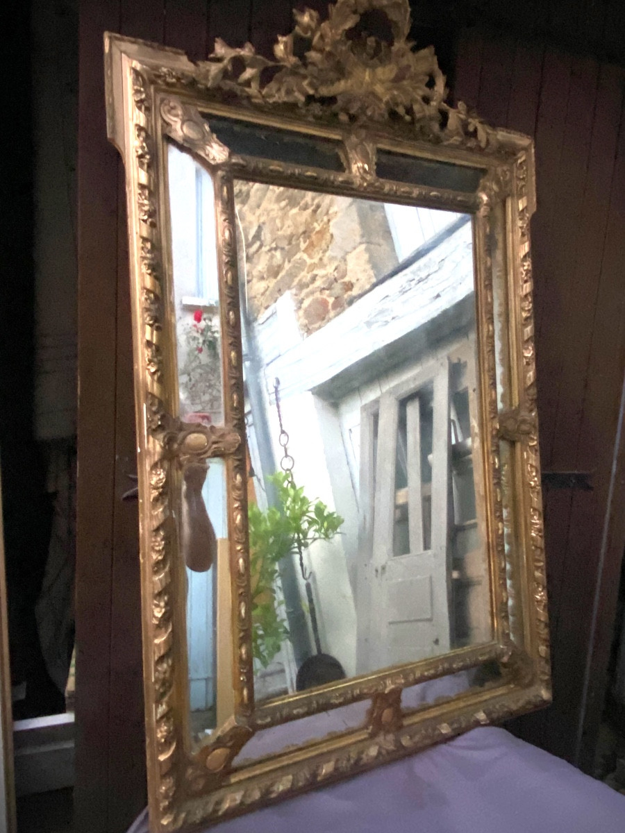 Important Beautiful Fireplace Mirror With Beveled Glazing Beads, Neo-louis XVI Style, Gilded Stuccoed Wood-photo-6