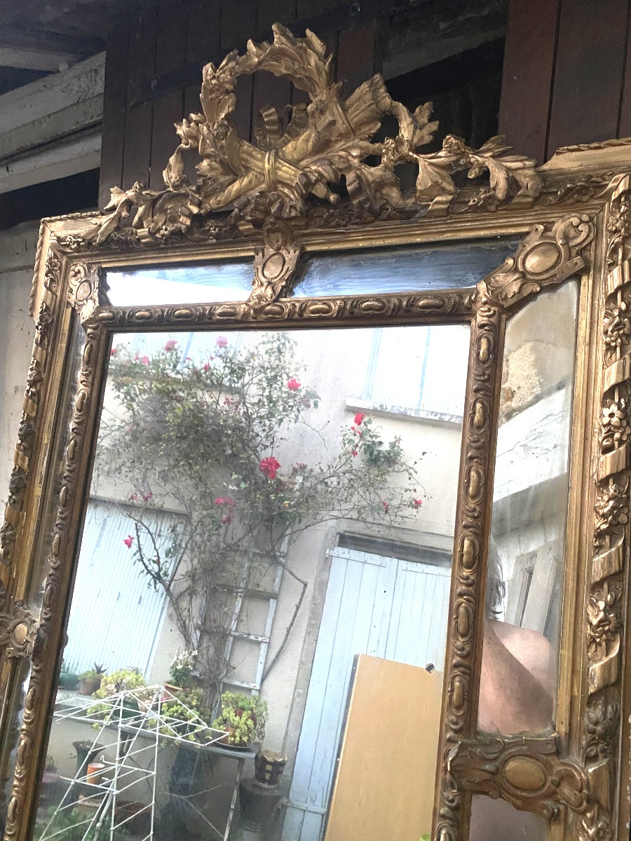 Important Beautiful Fireplace Mirror With Beveled Glazing Beads, Neo-louis XVI Style, Gilded Stuccoed Wood-photo-7