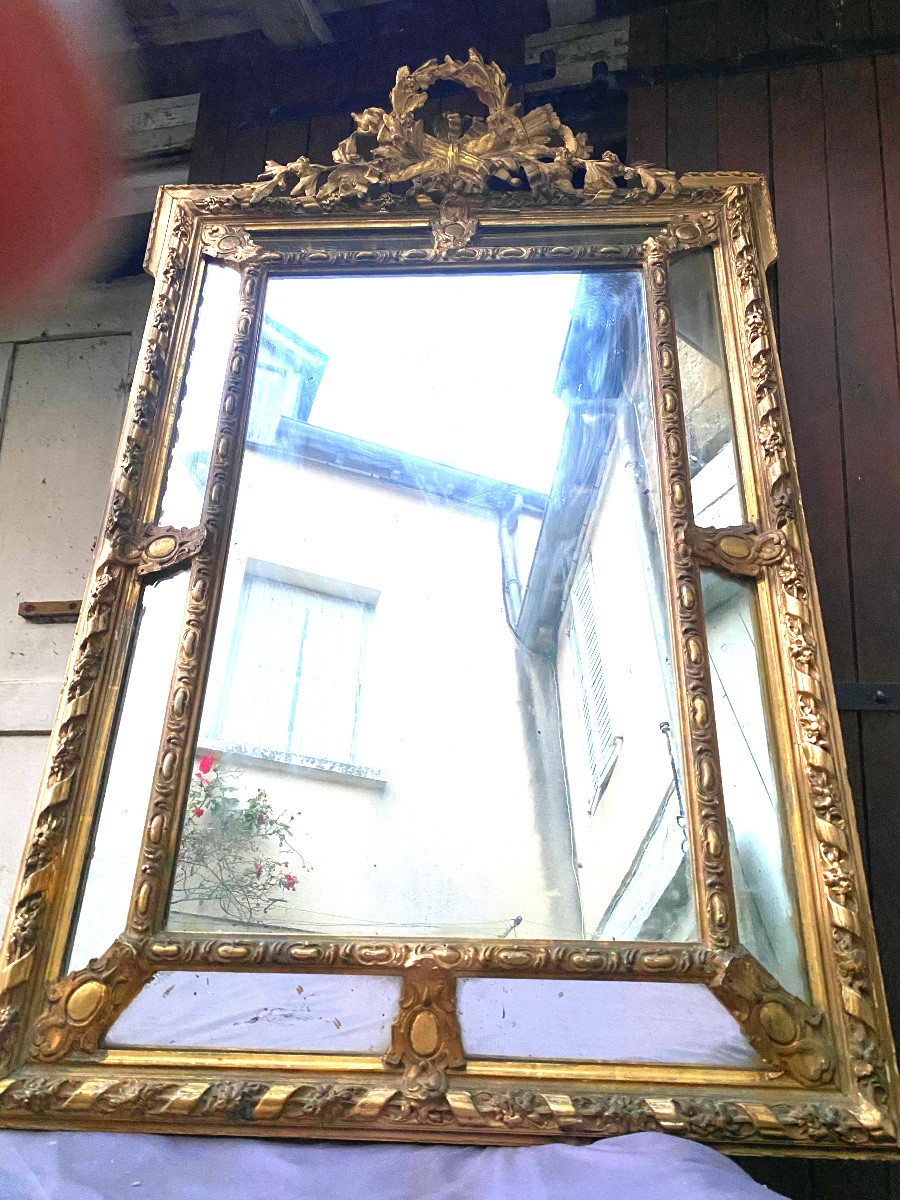 Important Beautiful Fireplace Mirror With Beveled Glazing Beads, Neo-louis XVI Style, Gilded Stuccoed Wood