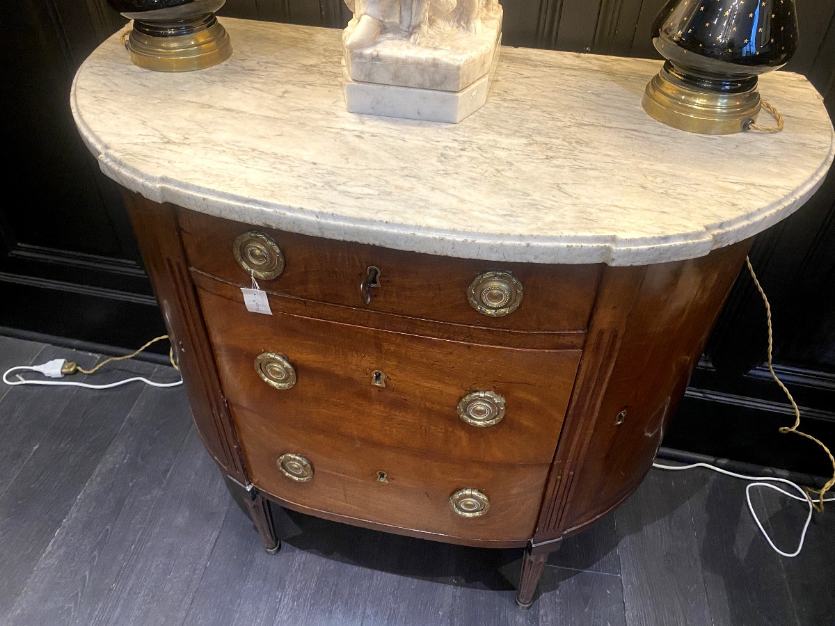 Rare Half-moon Chest Of Drawers With Side Doors By Martin Ohenberg, Louis XVI Mahogany, Marble-photo-1