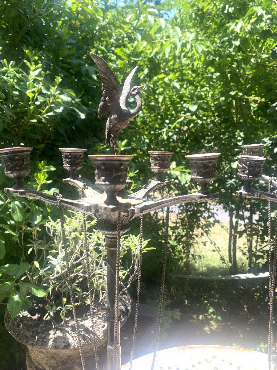Pair Of Large Patinated Bronze Heron Candlesticks With Tripod Legs In The Antique Style, 19th Century-photo-2