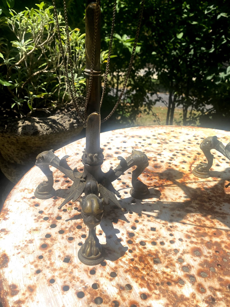 Pair Of Large Patinated Bronze Heron Candlesticks With Tripod Legs In The Antique Style, 19th Century-photo-5