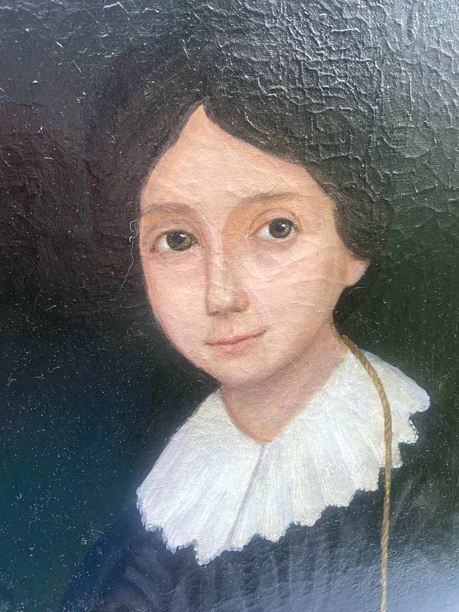 Charmant portrait de jeune fille robe noire et col dentelle huile/toile d'époque Louis Philippe-photo-2