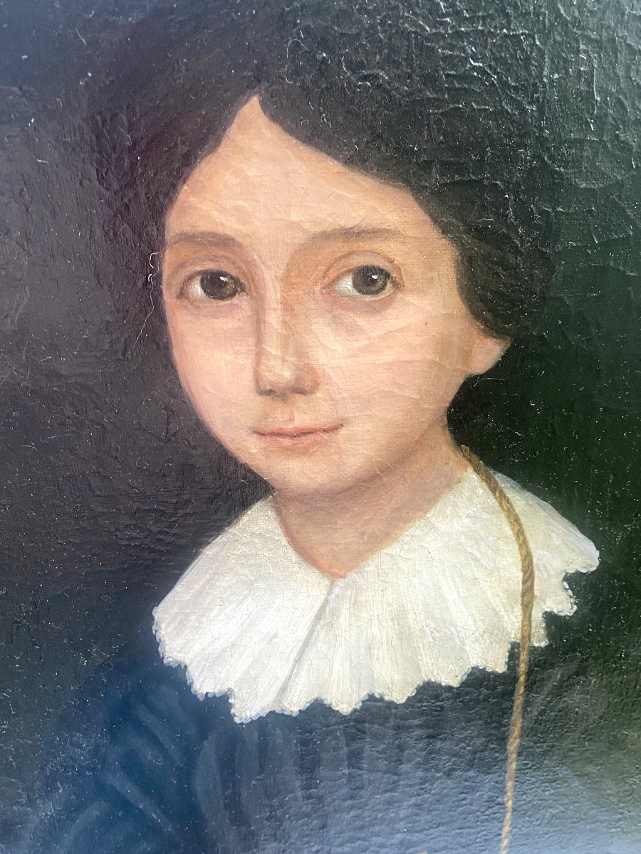 Charmant portrait de jeune fille robe noire et col dentelle huile/toile d'époque Louis Philippe-photo-3