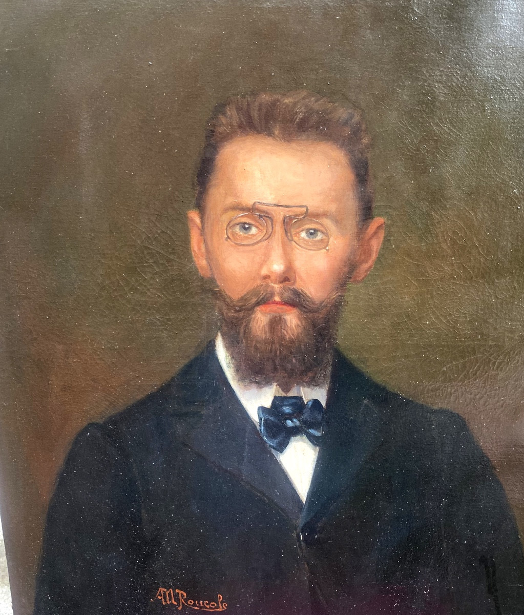  Very Beautiful Portrait Of A Man With Glasses, 19th Century, Oil On Canvas, Frame Signed: A. M Roucole-photo-2