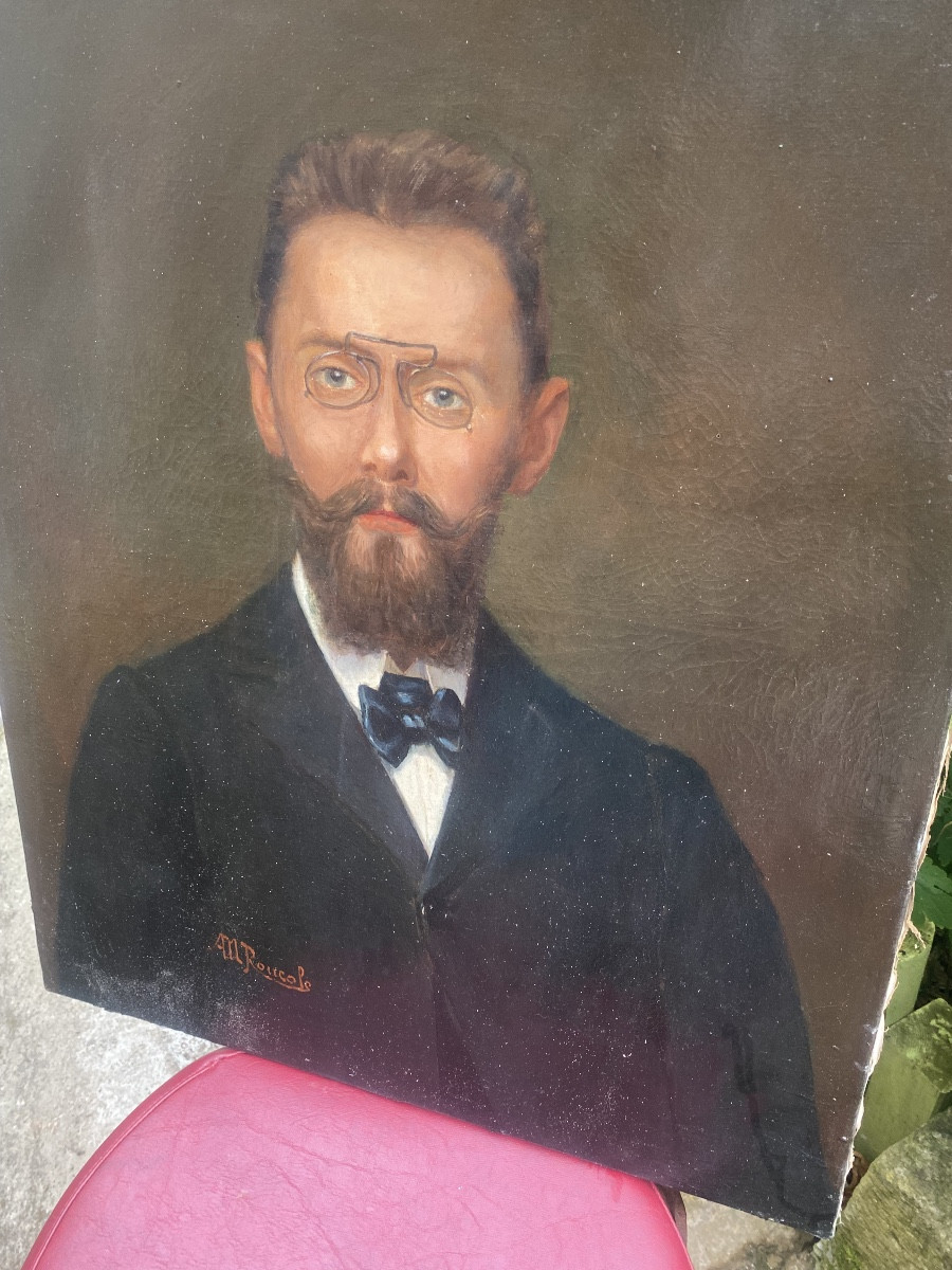  Very Beautiful Portrait Of A Man With Glasses, 19th Century, Oil On Canvas, Frame Signed: A. M Roucole