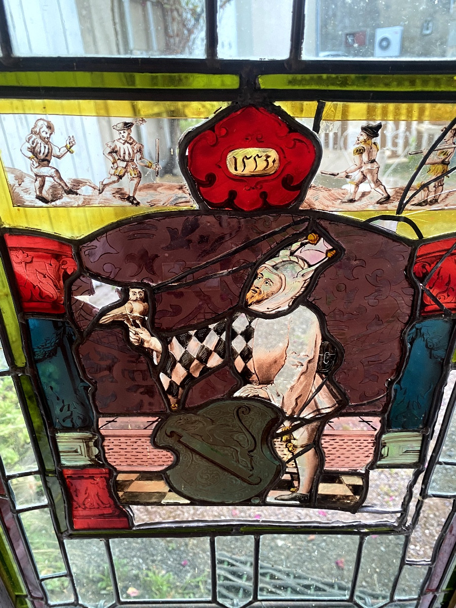 Pair Of Swiss Renaissance Stained Glass Windows With The Motif Of Troubadours And Minstrels Mounted On Stretchers-photo-2
