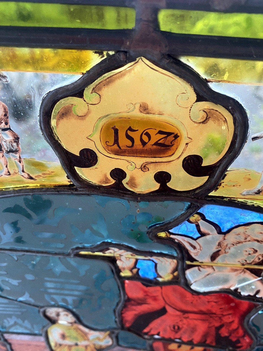 Pair Of Swiss Renaissance Stained Glass Windows With The Motif Of Troubadours And Minstrels Mounted On Stretchers-photo-4