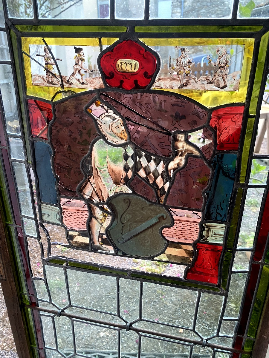 Pair Of Swiss Renaissance Stained Glass Windows With The Motif Of Troubadours And Minstrels Mounted On Stretchers-photo-5