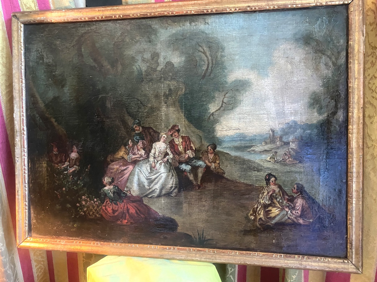  Grd  Scène Galante dans un parc dans le goût de Watteau Huile/toile châssis encadrée ép. 18ème-photo-2