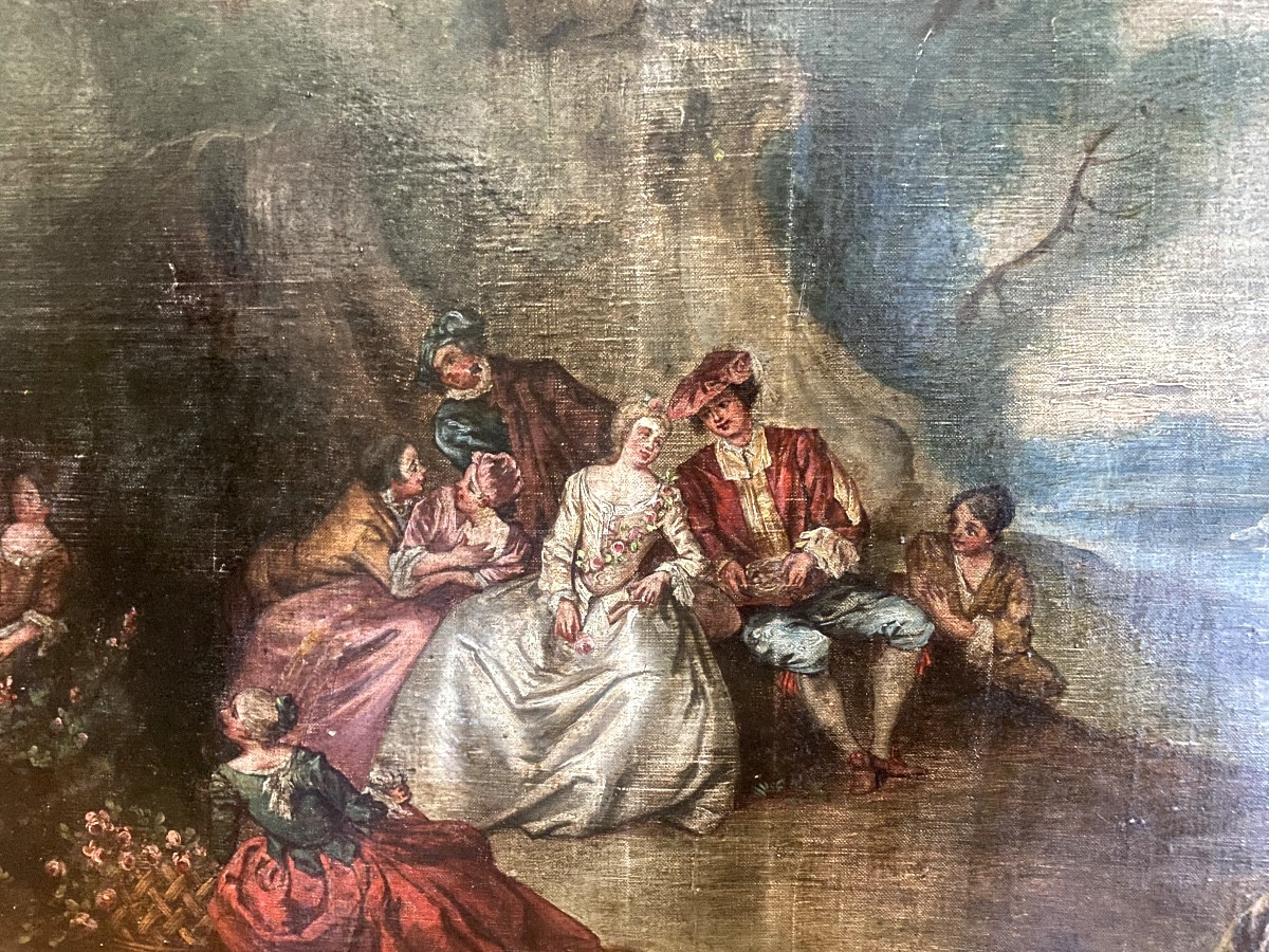  Grd  Scène Galante dans un parc dans le goût de Watteau Huile/toile châssis encadrée ép. 18ème-photo-3
