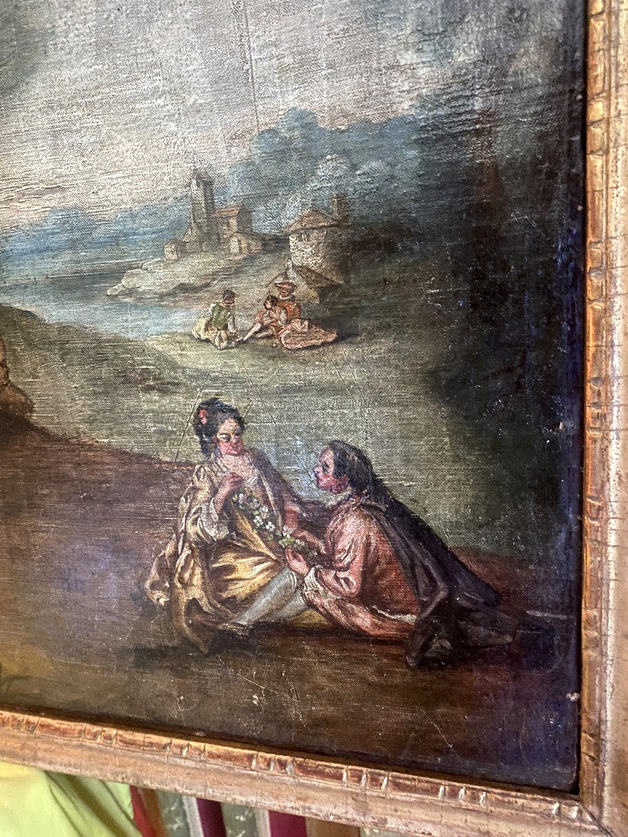  Grd  Scène Galante dans un parc dans le goût de Watteau Huile/toile châssis encadrée ép. 18ème-photo-4