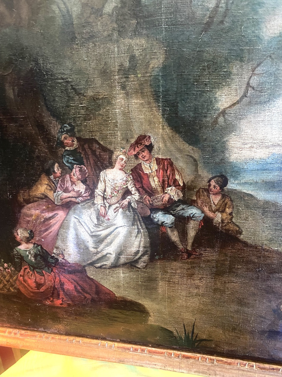  Grd  Scène Galante dans un parc dans le goût de Watteau Huile/toile châssis encadrée ép. 18ème-photo-1