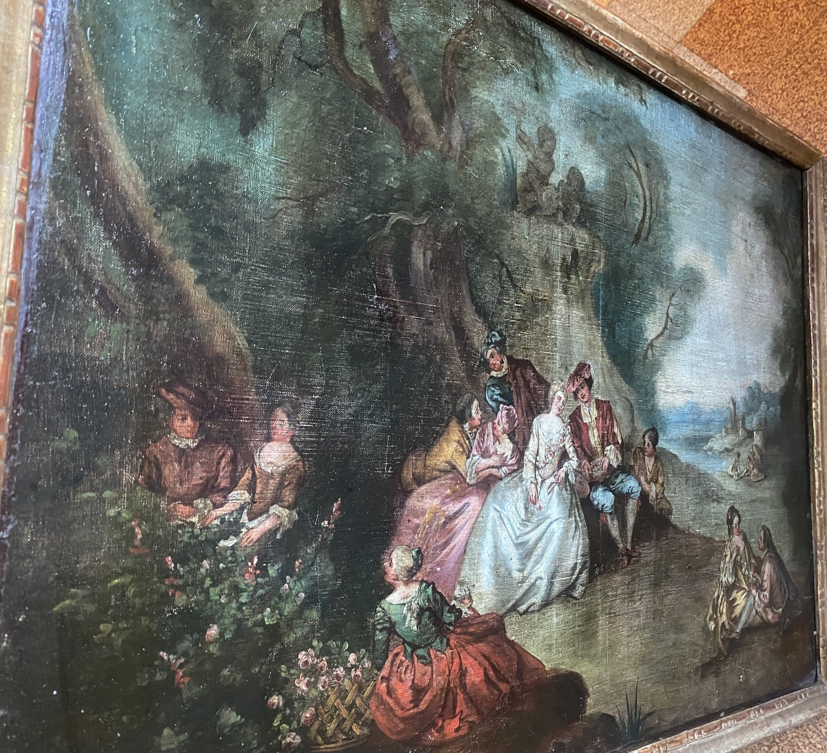  Grd  Scène Galante dans un parc dans le goût de Watteau Huile/toile châssis encadrée ép. 18ème-photo-5