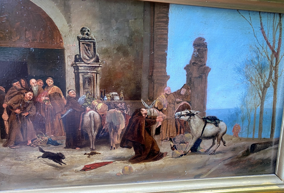 In A Wide Gilded Cornice Frame "the Arrival Of Food At The Convent" Animated Scene 19th Century H/panel-photo-2