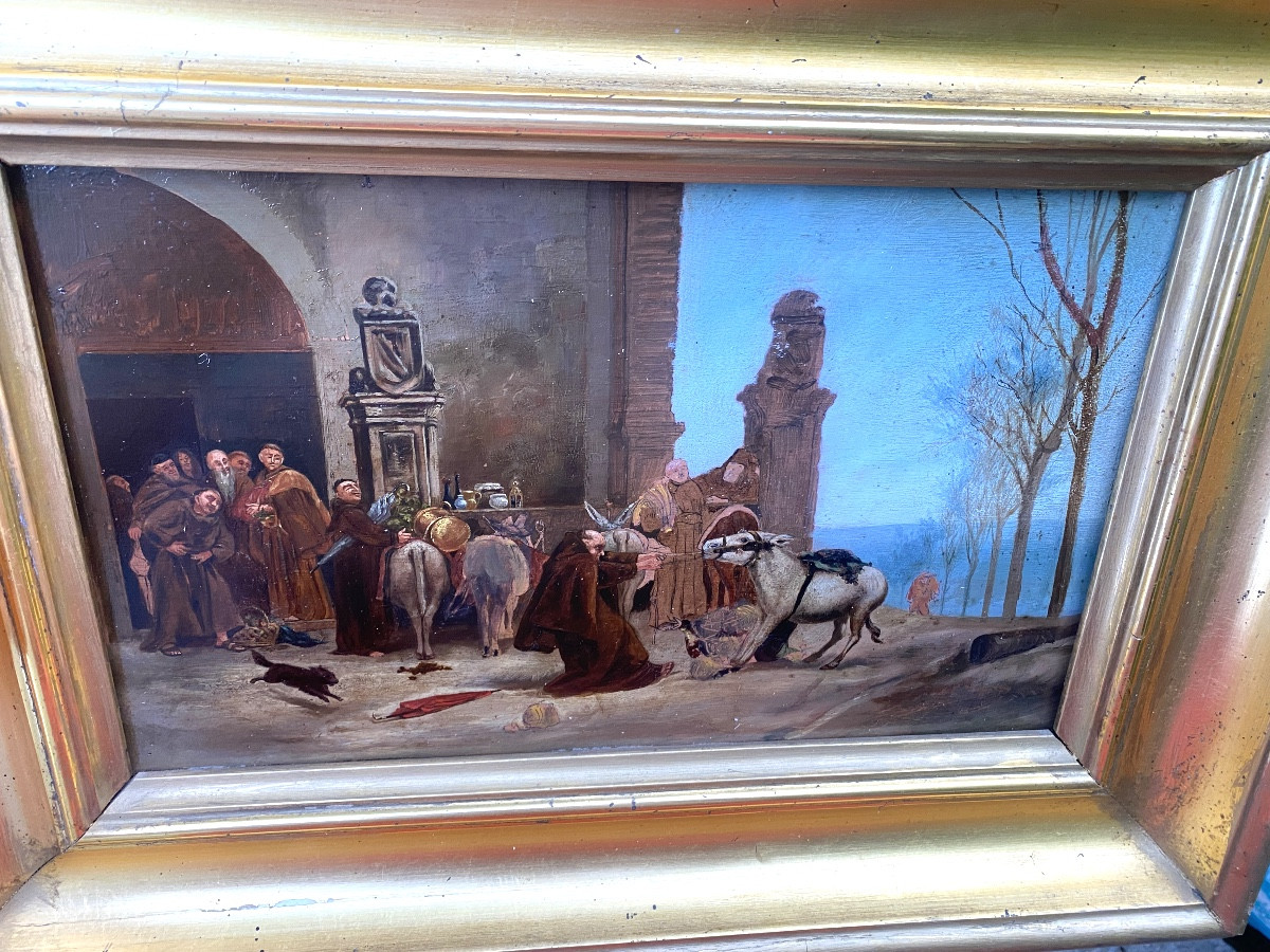 In A Wide Gilded Cornice Frame "the Arrival Of Food At The Convent" Animated Scene 19th Century H/panel-photo-3