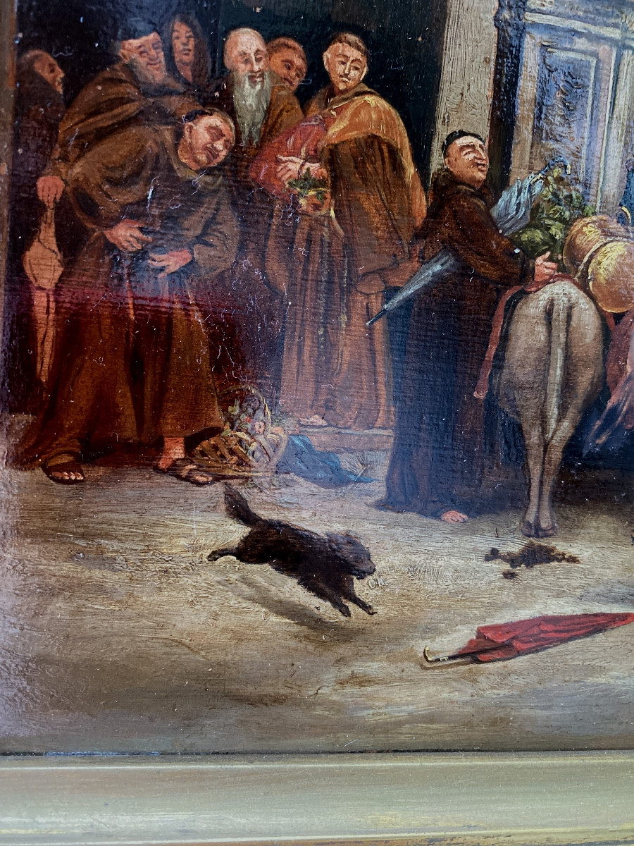 In A Wide Gilded Cornice Frame "the Arrival Of Food At The Convent" Animated Scene 19th Century H/panel-photo-6