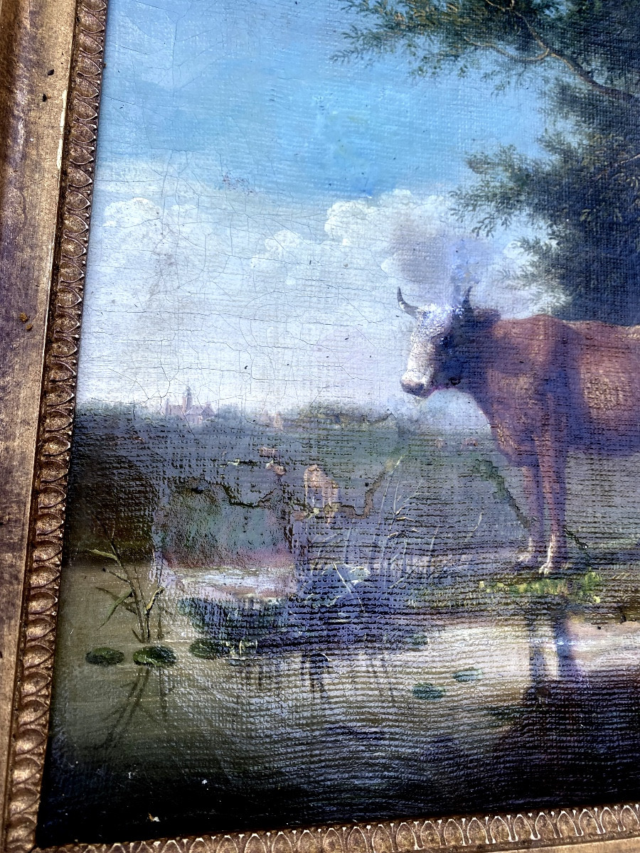 Tableau Charles X : Scène de Campagne Fermiers à la vache qui fait la pose , h.s.toile encadrée-photo-2