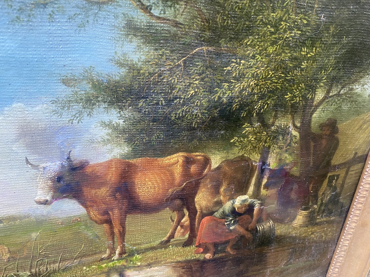 Tableau Charles X : Scène de Campagne Fermiers à la vache qui fait la pose , h.s.toile encadrée-photo-6