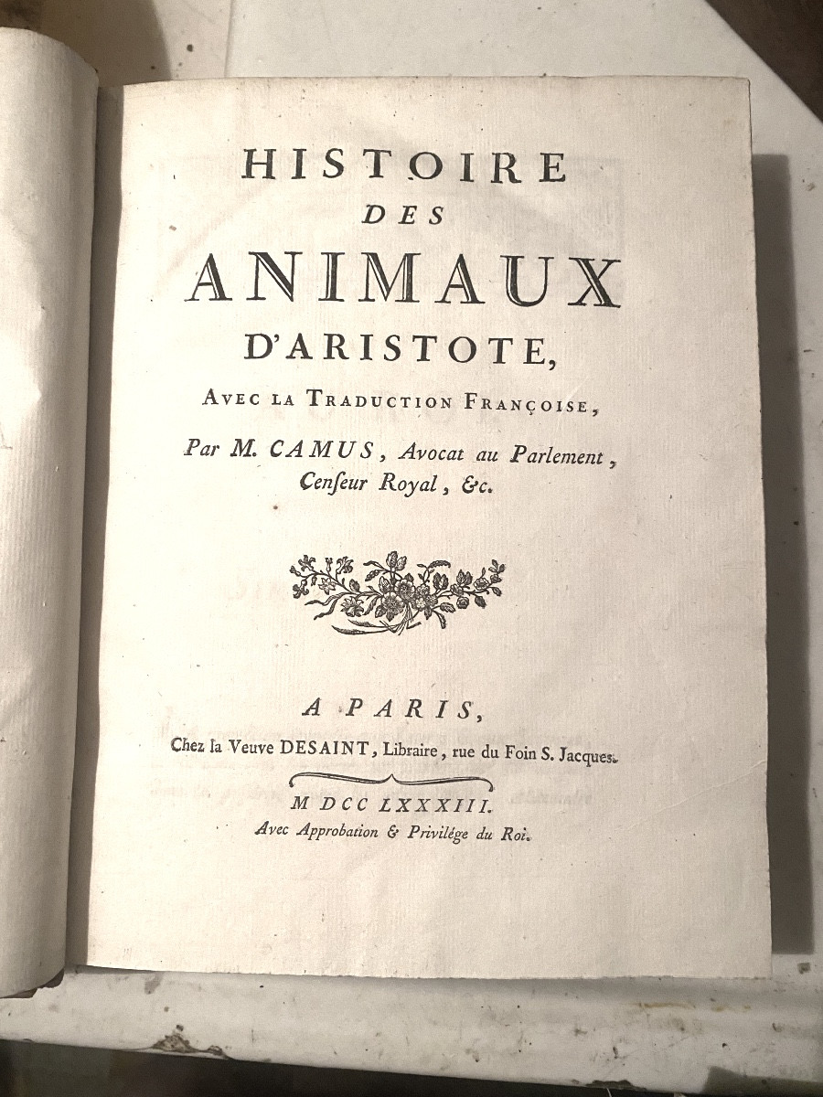 Beautiful "aristotle's History Of Animals" With The French Translation By M. Camus, 2 Vol. In4.-photo-3