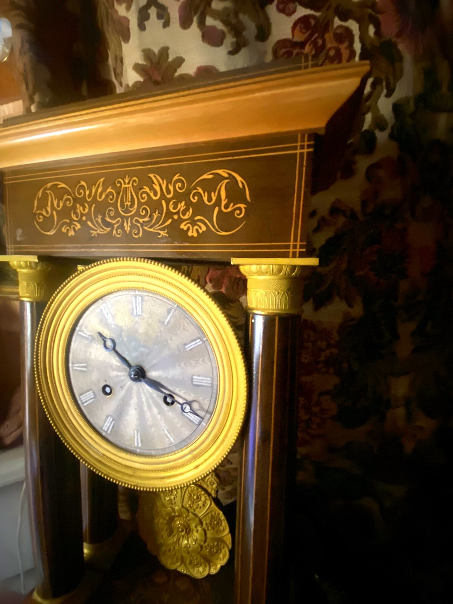 Beautiful Portico Clock With Marquetry Column, Charles X, Silver Dial, Lemon Tree And Rosewood-photo-2