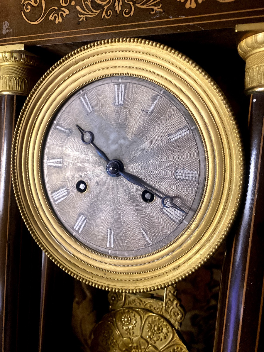 Beautiful Portico Clock With Marquetry Column, Charles X, Silver Dial, Lemon Tree And Rosewood-photo-4