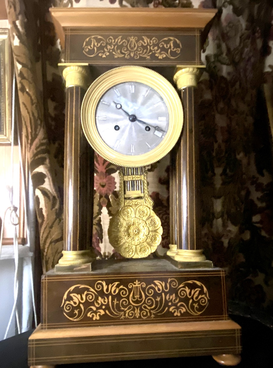 Beautiful Portico Clock With Marquetry Column, Charles X, Silver Dial, Lemon Tree And Rosewood