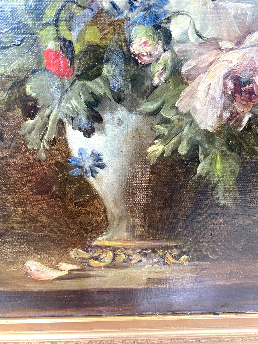 Large, Well-framed 19th Century Painting "vase With Bouquet Of Wild And Garden Flowers" From Summer.-photo-1