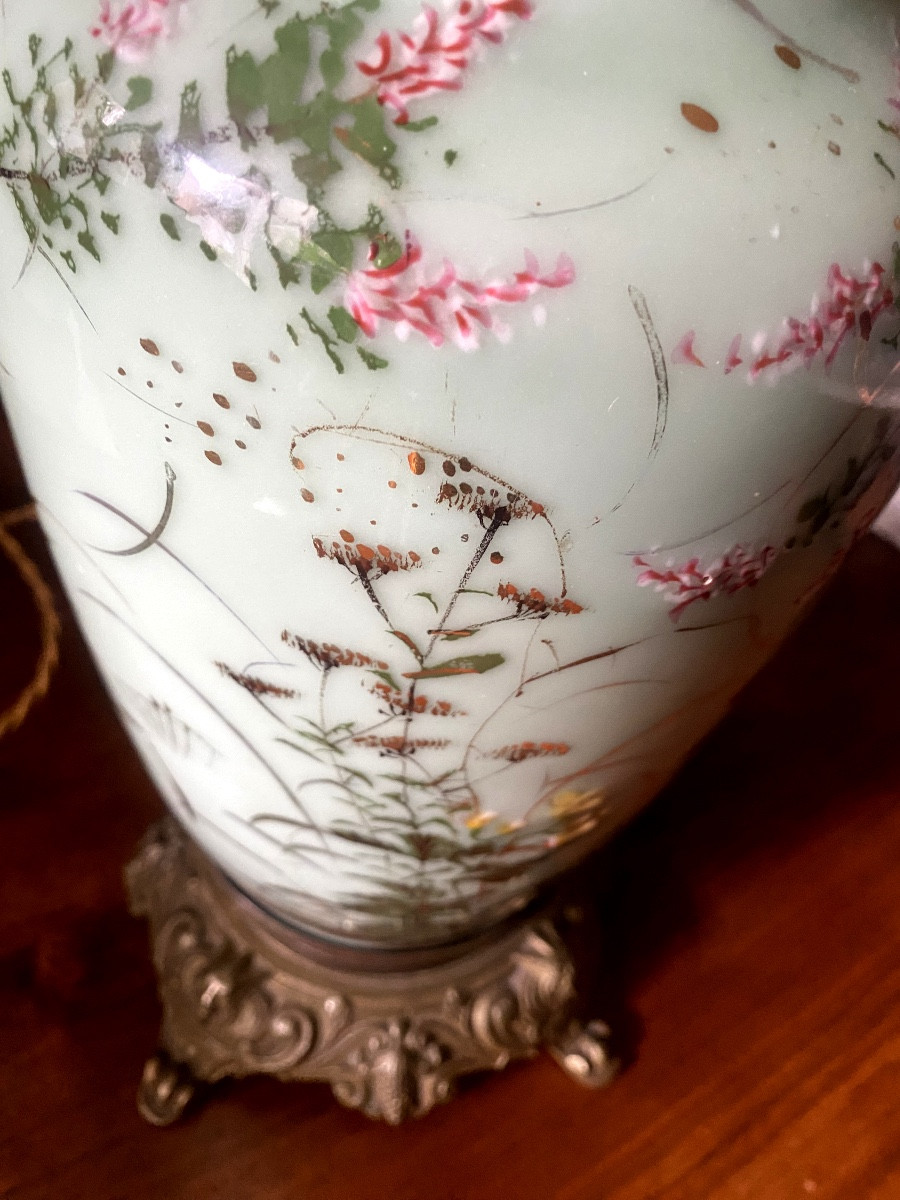 Beautiful Large Japanese Celadon-colored Painted Porcelain Living Room Lamp From The 19th Century With Enamel Decoration-photo-2