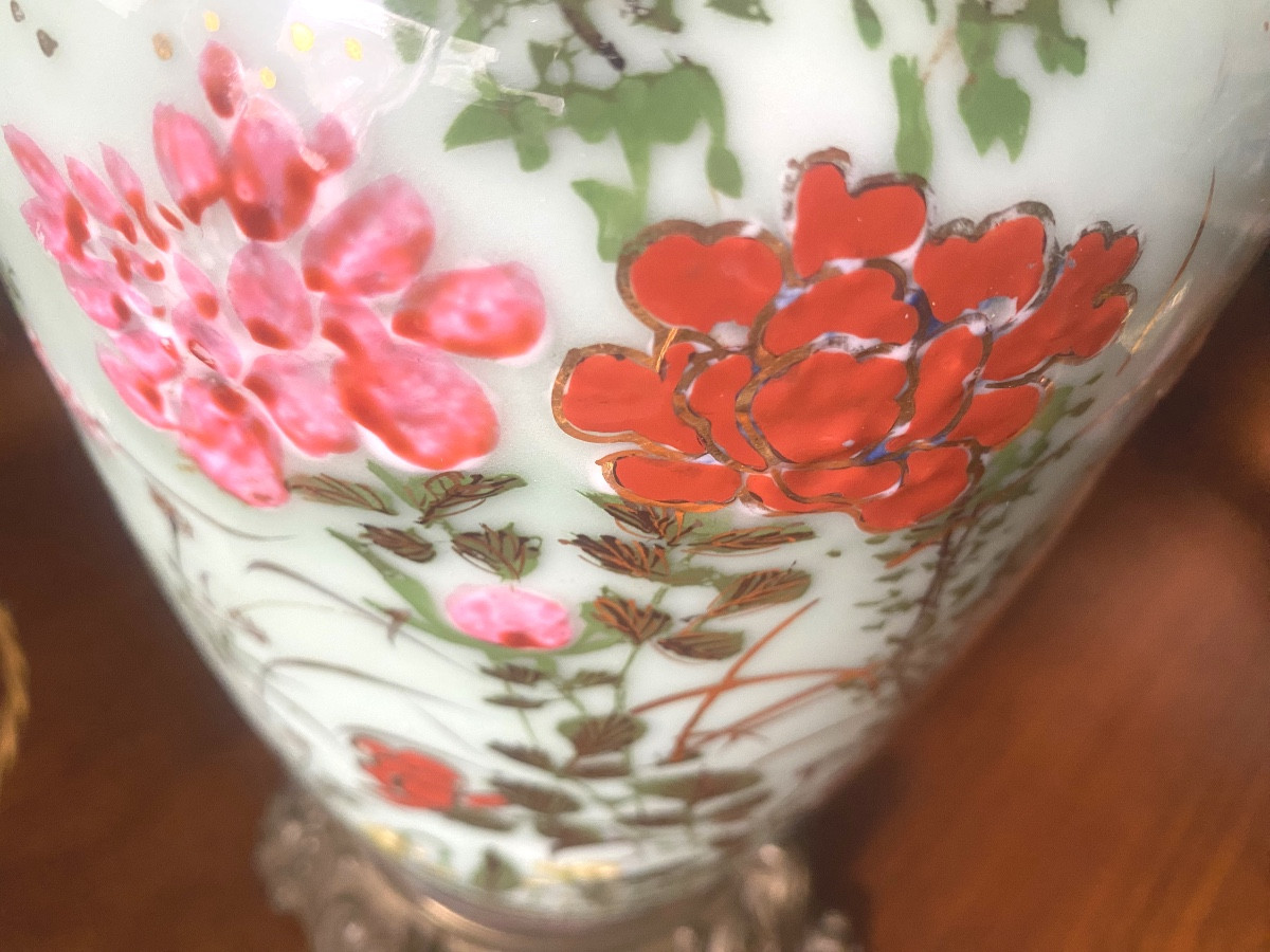 Beautiful Large Japanese Celadon-colored Painted Porcelain Living Room Lamp From The 19th Century With Enamel Decoration-photo-7