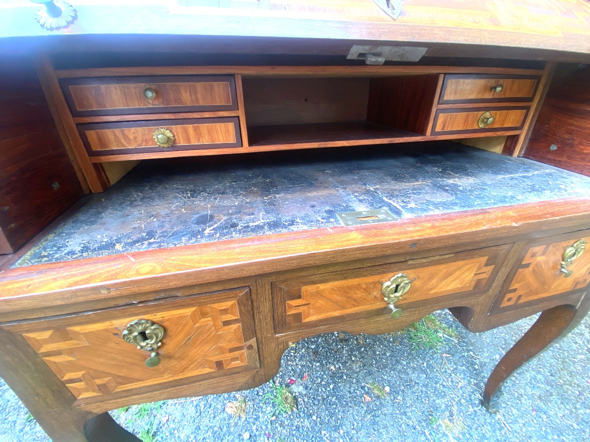 Charmant bureau cylindre marqueté , ornementé , XVIIIéme de style transition Louis XV Louis XVI-photo-6