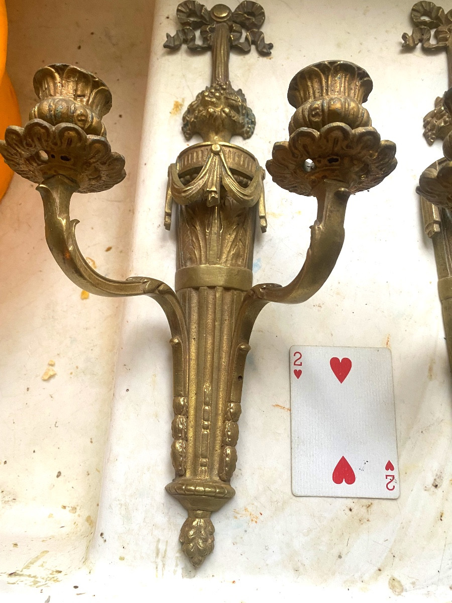 Pair Of Large Louis XVI Wall Lights, Bronze Body, Two Arms, Decorated Quiver Model, 19th Century-photo-3