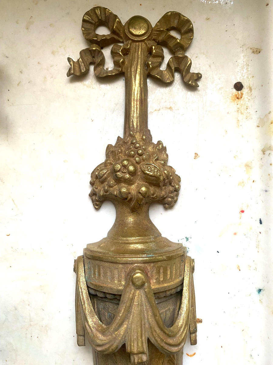 Pair Of Large Louis XVI Wall Lights, Bronze Body, Two Arms, Decorated Quiver Model, 19th Century-photo-2