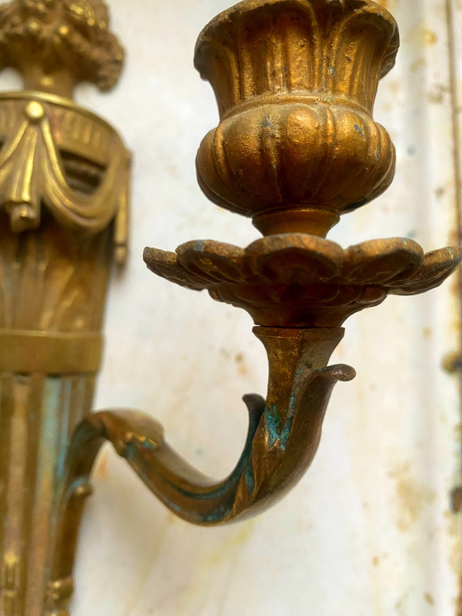 Pair Of Large Louis XVI Wall Lights, Bronze Body, Two Arms, Decorated Quiver Model, 19th Century-photo-5