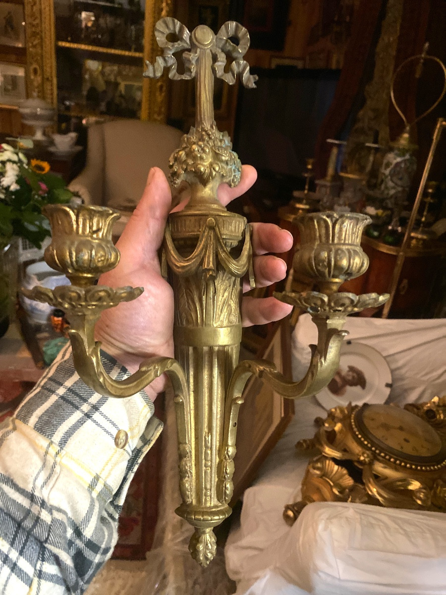 Pair Of Large Louis XVI Wall Lights, Bronze Body, Two Arms, Decorated Quiver Model, 19th Century-photo-8
