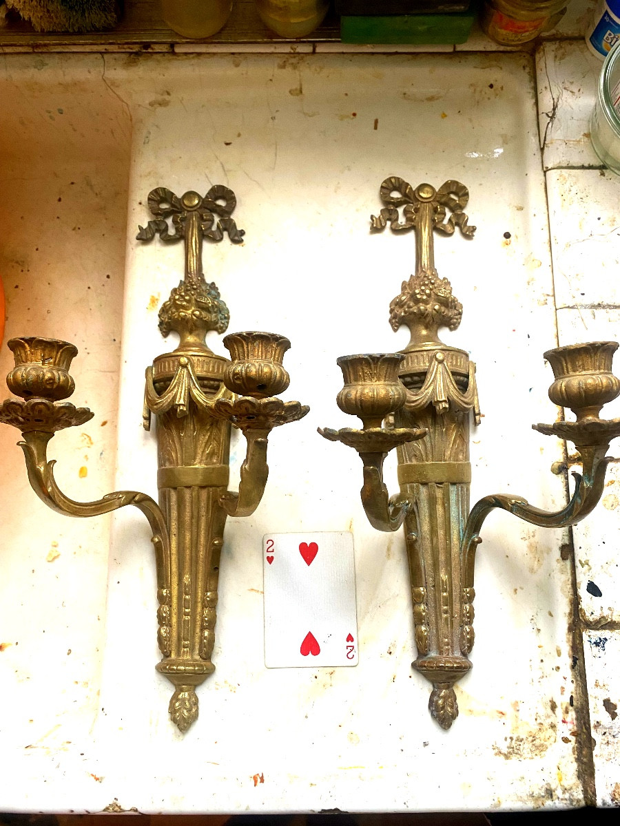 Pair Of Large Louis XVI Wall Lights, Bronze Body, Two Arms, Decorated Quiver Model, 19th Century