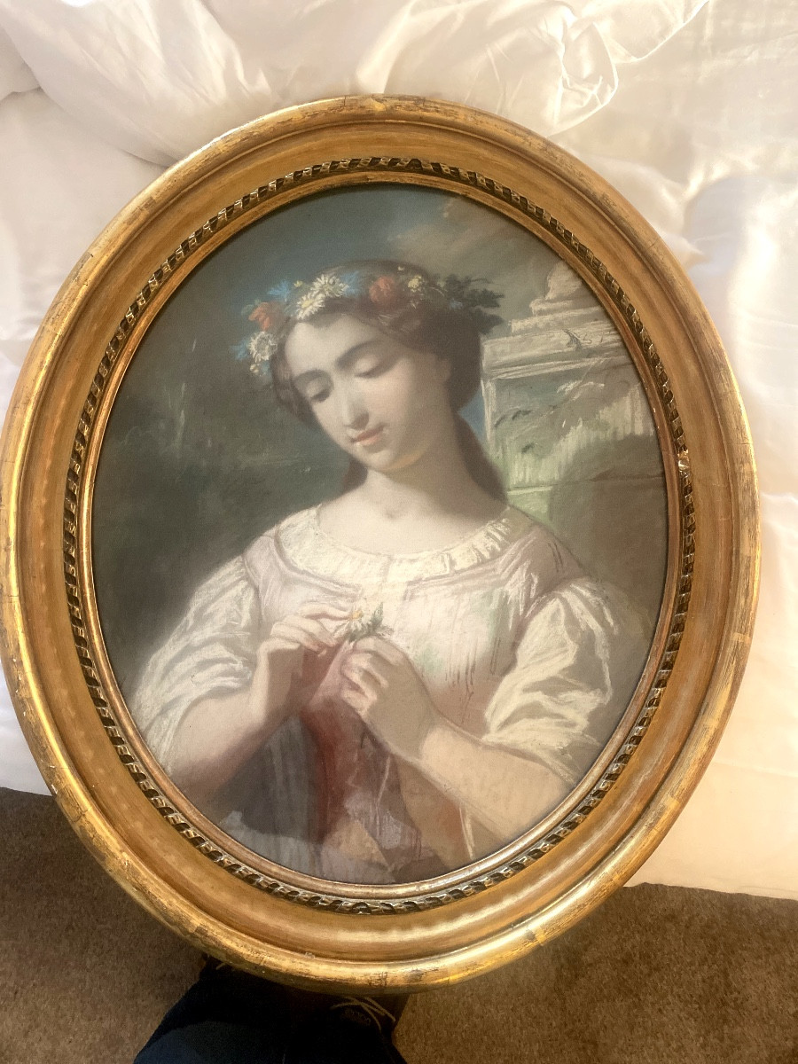 Beautiful Large Pastel Portrait Of A Young Girl With A Crown Of Flowers, Plucking The Daisy's Petals -photo-2