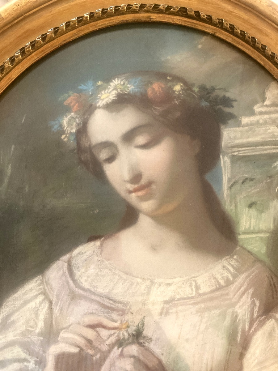 Beautiful Large Pastel Portrait Of A Young Girl With A Crown Of Flowers, Plucking The Daisy's Petals -photo-3