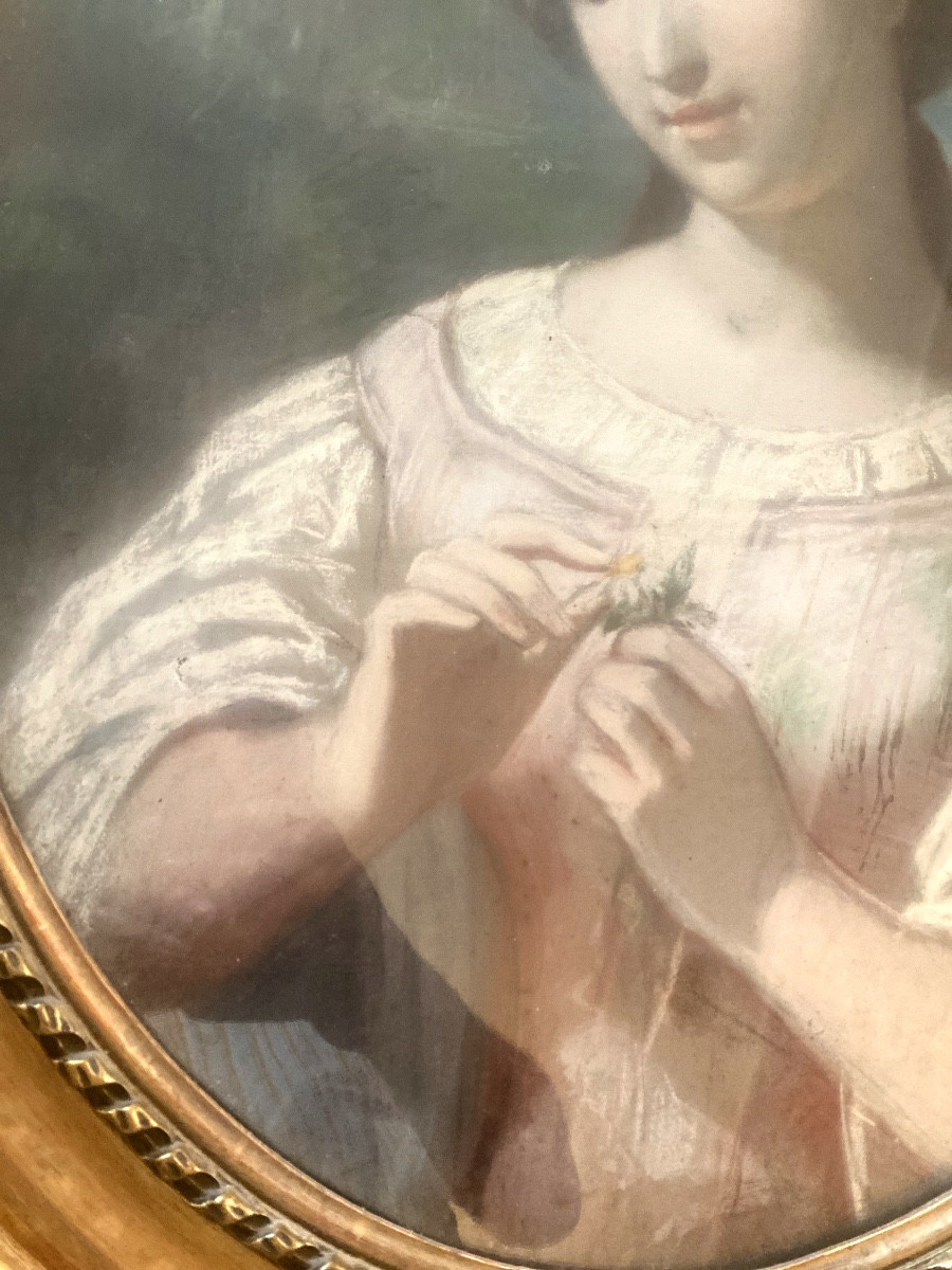 Beautiful Large Pastel Portrait Of A Young Girl With A Crown Of Flowers, Plucking The Daisy's Petals -photo-4