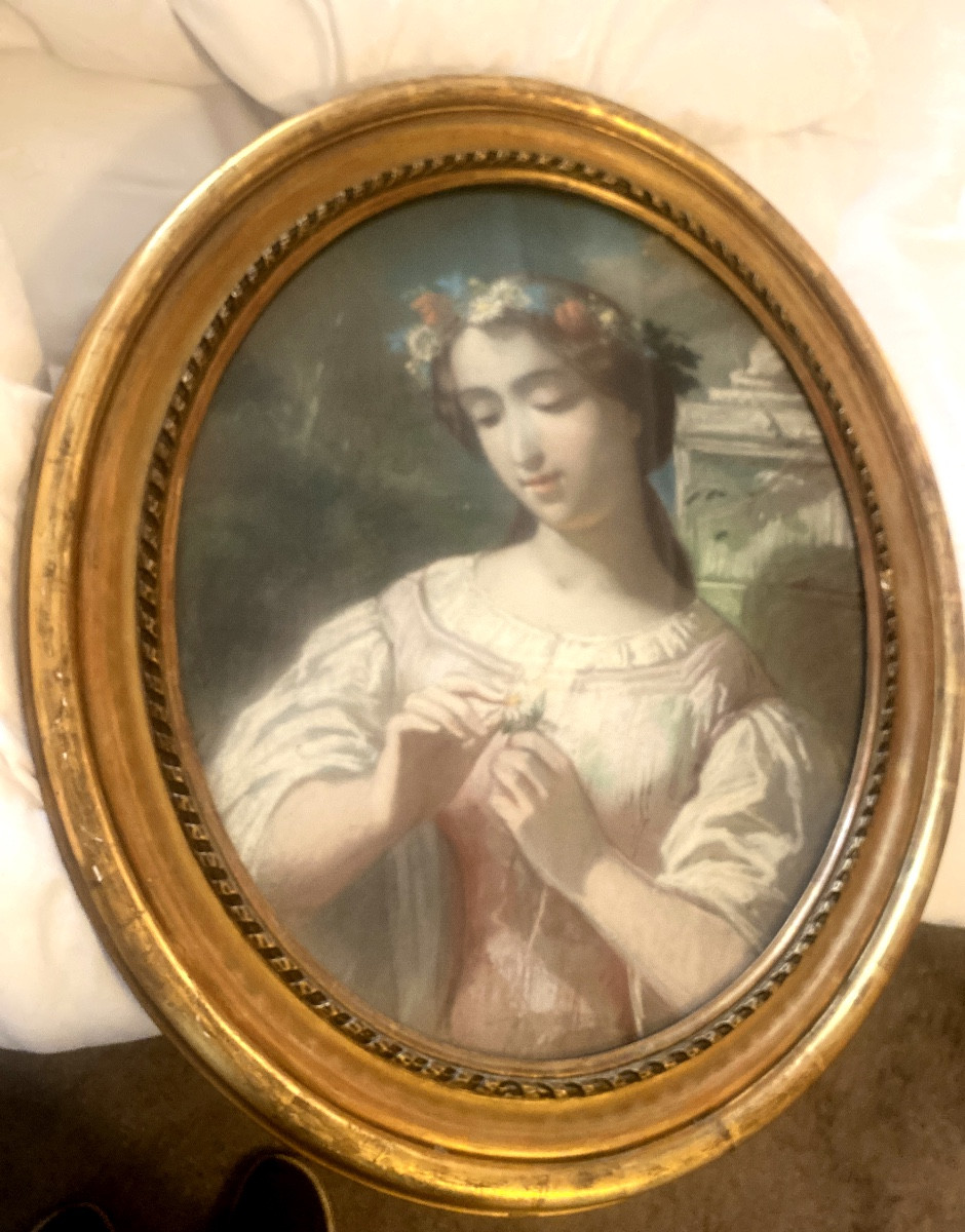 Beautiful Large Pastel Portrait Of A Young Girl With A Crown Of Flowers, Plucking The Daisy's Petals -photo-8