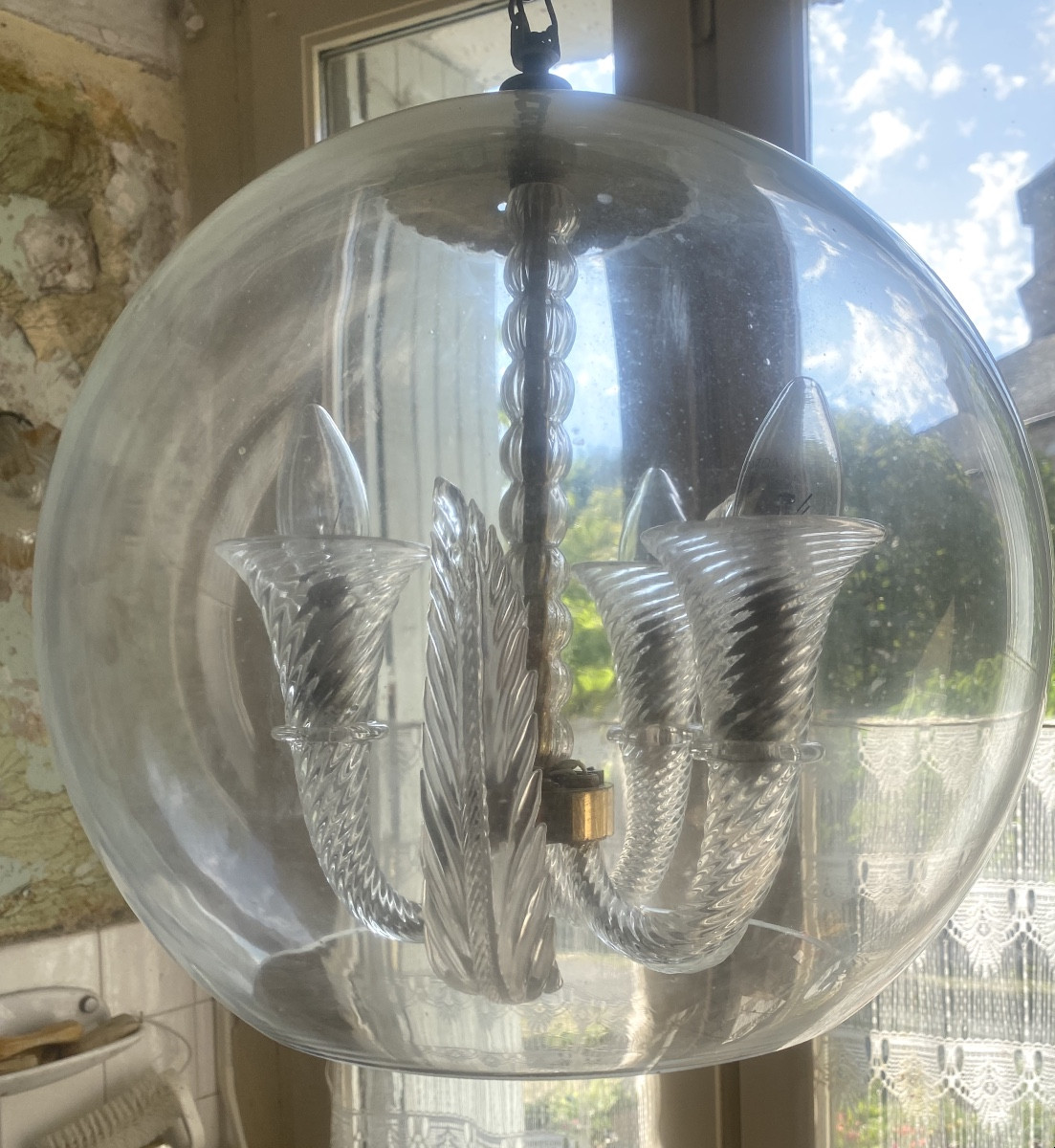 Beautiful Murano Ball Lantern From The 70s, With Three Lights, Cornucopias And Palms -photo-1